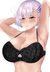 1girls 2022 armpits arms_up big_breasts black_bra bra breasts cleavage clef_(cferryanto) closed_mouth collarbone covered_nipples embarrassed female female_focus female_only green_eyes hololive hololive_indonesia hololive_indonesia_holoro looking_away mole mole_on_breast pavolia_reine short_hair simple_background solo solo_female steam steamy_breath sweat sweatdrop upper_body virtual_youtuber white_background