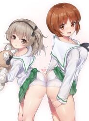 2girls ass ass_to_ass bear girls_und_panzer hairband heart nishizumi_miho panties school_uniform shimada_arisu short_hair skirt skirt_lift tagme toy yoi_naosuke