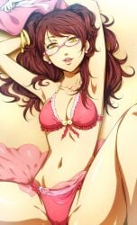 armpits arms_up atlus bangs beach bikini brown_hair color glasses hairu kujikawa_rise licking_lips looking_at_viewer medium_breasts on_back persona persona_4 pussy_visible_through_bikini pussy_visible_through_clothes pussy_visible_through_swimsuit pussy_visible_through_thong sand schoolgirl seductive spread_legs tagme tougen_shokken yellow_eyes