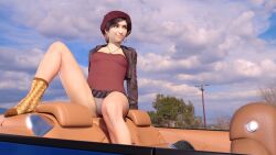 3d 3dx backseat bare_thighs black_hair brownieless cgi cloudy_sky convertible digital_media_(artwork) green_eyes hat highway_runners jacket_open looking_away mercedes-benz no_bra outside panties pendant red_shirt sakirah sakirah_rodaun smile socks spread_legs upskirt wet_panties