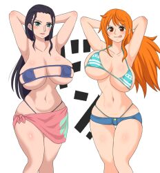 2girls big_breasts bikini female female_only jeans kurobuchi nami nami_(one_piece) nico_robin one_piece post-timeskip sarong shorts striped_bikini