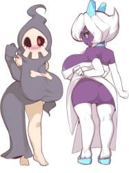 armwear ass big_breasts blue_eyes blush breasts clothed clothing duo duskull female footwear froslass genitals hair hi_res huge_breasts humanoid leggings legwear looking_at_viewer looking_back mystical nintendo not_furry plantpenetrator pokémon_(species) pokemon purple_body pussy red_eyes robe sandals thick_thighs video_games white_body white_hair