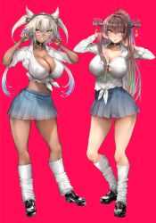 2girls alternate_costume bangs black_choker black_footwear blue_skirt blush breasts brown_hair choker chrysanthemum cleavage collarbone covered_nipples dark-skinned_female dark_skin female flower front-tie_top full_body glasses gradient_hair grin gyaru headgear highres kantai_collection large_breasts leg_warmers loafers long_hair long_sleeves looking_at_viewer loose_socks multicolored_hair multiple_girls musashi_(kantai_collection) no_bra pink_background pleated_skirt ponytail purple_eyes shirt shoes sidelocks simple_background skirt smile socks standing streaked_hair striped striped_skirt taut_clothes taut_shirt tied_shirt tororo_ten twintails very_long_hair white_legwear white_shirt yamato_(kantai_collection)