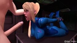 1boy 3d arms_behind_back blonde_hair blue_eyes bondage breasts erection fellatio female grabbing grabbing_another's_hair large_breasts lying metroid nintendo on_stomach oral passing_out penis ponytail samus_aran stay_blocky straight tired tired_eyes zero_suit_samus