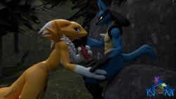 animal_genitalia animal_penis anthro areola bandai_namco breasts canid canine canine_penis crossover death_battle digimon digimon_(species) duo eye_contact faceoff female foreplay fox genitals hand_on_hip hi_res holding_penis knot larger_female looking_at_another lucario male male/female mammal medium_breasts ninja-max nintendo nipples open_mouth penis penis_in_hand pink_areola pink_nipples pokemon pokemon_(species) renamon sitting_on_rock size_difference smaller_male smile smiling_at_each_other tongue tongue_out valorlynz video_games warfaremachine