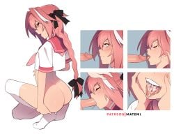 1boy 2d after_oral artist_name ass astolfo_(fate) clothing cock cum cum_in_mouth cum_inside dick disembodied_penis erection fate/grand_order fate_(series) fellatio femboy gay licking licking_penis light_skin long_fingernails male male_only male_with_painted_nails matemi oral oral_sex pale_skin penis penis_lick simple_background thighhighs tongue tongue_out uncensored watermark white_legwear yaoi