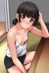 1girls black_hair blush female female_only matsunaga_kouyou nipple_slip no_bra ponytail short_hair shorts small_breasts tank_top white_shirt