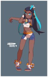 1girls black_hair blue_eyes dark-skinned_female earrings feet female_only fully_clothed gym_leader looking_at_viewer nessa_(pokemon) phinci pokemon pokemon_ss shorts simple_background small_breasts solo solo_female stretching tagme toes