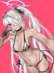 bangs bikini black_bikini black_bow black_choker black_gloves blue_archive blush bow breasts choker closed_mouth covered_nipples dark-skinned_female dark_skin female gehenna_academy_student gloves grey_hair hair_over_one_eye hairbow halo iori_(blue_archive) iori_(swimsuit)_(blue_archive) long_hair looking_at_viewer medium_breasts pink_background pointy_ears prefect_team_(blue_archive) red_eyes selfie simple_background solo swimsuit tail thigh_strap tororo_ten twintails v v_over_eye very_long_hair