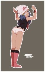 1girls ass blue_eyes blue_hair dawn_(pokemon) hat kneehighs looking_at_viewer looking_back no_pants panties phinci pokemon solo standing tagme white_panties