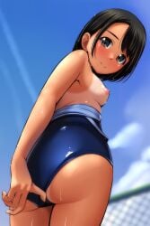 1girls adjusting_swimsuit ass black_hair female female_only looking_at_viewer looking_down matsunaga_kouyou nipples one-piece_swimsuit short_hair smile solo standing tagme tanline topless topless_female