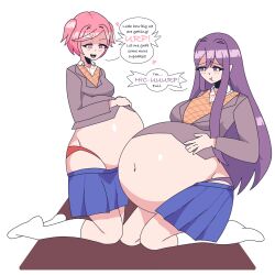 big_belly bloatedtum4life blue_skirt doki_doki_literature_club duo fat fat_woman female female/female female_only giant_belly giant_stomach huge_belly huge_stomach kneeling multiple_girls natsuki_(doki_doki_literature_club) open_mouth overeating overweight overweight_female panties pink_eyes pink_hair pregnant purple_eyes purple_hair purple_panties red_panties school_uniform skirt skirt_down stuffed_belly text text_bubble uniform weight_gain white_background yuri_(doki_doki_literature_club)