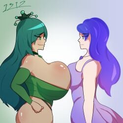 1:1 2022 absurd_res alternate_species big_breasts blue_eyes blue_hair breasts clothed clothing duo female female/female friendship_is_magic green_eyes green_hair hair hasbro hi_res huge_breasts human humanized humanoid humanoidized i3i2455_ivi394 long_hair my_little_pony princess_luna_(mlp) queen_chrysalis_(mlp) self_upload simple_background size_difference