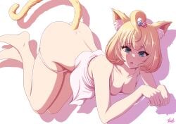 1girls ahoge ass back bare_back bare_shoulders barefoot blonde_hair blue_eyes cat_ears cat_pose cat_tail catgirl cleavage exposed_shoulders hair_accessory hi_res highres kemonomimi looking_at_viewer loose_clothes medium_breasts millie_parfait nijisanji nijisanji_en no_bra panties panties_down shirt short_hair solo solo_female solo_focus virtual_youtuber vlacksr yellow_hair