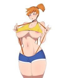 asymmetrical_hair blue_eyes blush breasts clothing curvaceous curvy curvy_body curvy_female curvy_figure denim denim_shorts erect_nipples female female_only game_freak gen_1_pokemon huge_breasts kasumi_(pokemon) large_breasts legs lips midriff navel nintendo nipples no_bra orange_hair orca_(artist) pokemon pokemon_(anime) pokemon_(classic_anime) pokemon_rgby ponytail shirt short_hair short_shorts shorts side_ponytail smile solo suspender_shorts suspenders tank_top thighs tied_hair underboob yellow_shirt