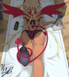 ass beach behind_view bikini bikini_bottom bikini_top disgaea disgaea_rpg fallen_angel foot_up heels lucy_(disgaea_rpg) nippon_ichi_software sweat tail takumi_munato tanned tanned_female tanned_skin wings