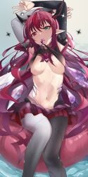 1girls 2d 2d_(artwork) breasts elf_ears female female_focus female_only green_eyes heterochromia hololive hololive_english hololive_english_-promise- horn horns inner_sideboob irys looking_at_viewer medium_breasts midriff mujinbi pointy_ears red_eyes red_hair solo solo_female solo_focus underboob very_long_hair virtual_youtuber