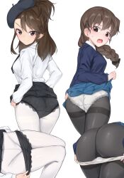 2girls amaretto_(girls_und_panzer) ass clothed clothed_female female female_only girls_und_panzer lifted_by_self panties panties_over_pantyhose pantyhose rukuriri skirt skirt_lift tagme tights yoi_naosuke