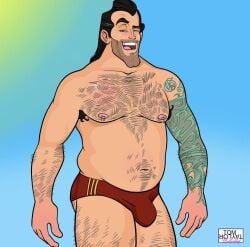 1boy beauty_and_the_beast bulge caucasian caucasian_male dad_bod disney disney_villains gaston hairy looking_at_viewer male male_only muscles muscular muscular_male solo solo_male speedo tattoos tom_taylor_illustrated