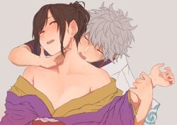 1boy 1girls blush brown_hair female flat_chest gintama gintoki_sakata kimono kobaji licking licking_neck looking_at_another looking_back male no_bra off_shoulder open_kimono ponytail shimura_tae small_breasts sweat tongue_out upper_body wrist_grab