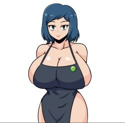 1girls apron apron_only big_breasts black_apron blue_hair breasts female female_only green_eyes gundam gundam_build_fighters hair huge_breasts iggy-bomb iori_rinko large_breasts lips mature mature_female mature_woman milf mother naked_apron no_panties solo solo_female thick_thighs thighs