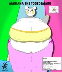 2023 anthro anthro_female anthro_pokemon bbw belly big_belly big_breasts bra breasts breasts_bigger_than_head character_sheet chubby chubby_anthro chubby_female clothing color_palette fat fat_belly fat_female fat_legs hedgehog hedgehog_humanoid huge_belly huge_breasts information mammal mammal_humanoid nintendo nipples_visible_through_clothing original_character overweight overweight_anthro overweight_female pants plump pokemon pokemon_(species) solandgamer75 ssbbw tail thick thick_hips thick_legs togedemaru tubetop watermark wide_hips yellow_tubetop