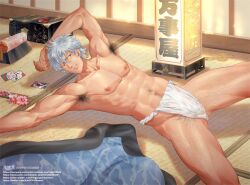 abs alternate_version_available armpit_hair body_hair bulge detailed_background fundoshi gintama gintoki_sakata happy_trail indoors kaworu lantern male male_only male_pubic_hair muscular muscular_male on_back pecs pubic_hair shouji silver_hair solo spread_legs tatami topless topless_male