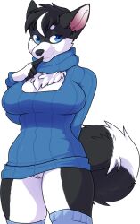 2019 alpha_channel anthro biped black_body black_fur black_hair blue_clothing blue_eyes blue_footwear blue_legwear blue_socks blue_sweater blue_thigh_highs blue_thigh_socks blue_topwear bottomless breasts canid canine chest_tuft cleavage clothed clothing digital_media_(artwork) female finger_to_mouth footwear fur genitals hair hi_res legwear mammal pussy shaded simple_background socks solo sweater thigh_highs thigh_socks topwear transparent_background tuft turtleneck_sweater white_body white_fur white_hair zyira