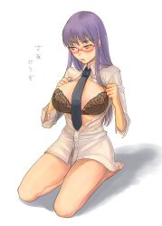 1girls alternate_costume alternate_version_available big_breasts black_bra blouse blush bottomless bra breasts_out female female_only full_body gintama glasses kazuki_kisuke lace-trimmed_bra long_hair looking_away mole_under_eye necktie necktie_between_breasts open_shirt parted_lips purple_hair red-framed_glasses sarutobi_ayame seiza shy sitting solo unbuttoned_shirt white_background