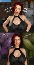 1girls 2boys 3d 3d_(artwork) avengers big_breasts black_widow_(marvel) blender_(software) bodysuit breasts_bigger_than_head cleavage cleavage_cutout clothed_female_nude_male erection female green-skinned_male green_eyes green_skin hands_on_hips hi_res huge_breasts huge_cock huge_penis hulk hulk_(series) human imminent_sex instant_loss_2koma interspecies large_breasts large_penis male marvel marvel_cinematic_universe natasha_romanoff purple-skinned_male purple_skin red_hair scarlett_johansson size_difference smitty34 straight tagme text thanos unseen_male_face