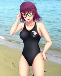 1girls beach big_breasts breasts cleavage glasses godzilla_(series) godzilla_singular_point hands_behind_head light-skinned_female light_skin looking_at_viewer mei_kamino photo_background purple_hair short_hair solo swimsuit thick_thighs thigh_gap toho ttatsuo51 wet yellow_eyes