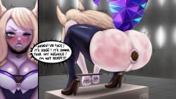 1girls accupda ahri amber_eyes anus bathroom_control big_ass big_butt blonde_hair blush bound_wrists captured choker cleavage clenched_hands constipation crystal_tail female femsub fox_ears fox_girl heels k/da_ahri k/da_series league_of_legends long_hair no_panties pixiv rear_view runny_makeup scat slap_mark split_screen squatting stockings straining stretched_anus sweat sweatdrop text_bubble trembling turd turtleheading vagina