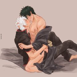 2boys black_hair blush bodily_fluids dark_green_hair futon gay gintama gintoki_sakata hand_on_another's_head head_grab hijikata_toshiro implied_anal implied_sex kimono kneeling looking_at_another male male_only marrbl nipple_tweak off_shoulder open_kimono open_shirt silver_hair sitting smile tears toned toned_male white_hair yaoi