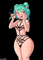 artist_signature barely_clothed black_background bondage commission female female_only green_hair holding_own_hair hololive hololive_fantasy hololive_japan neo_jared open_mouth orange_eyes revealing_clothes solo solo_female uruha_rushia virtual_youtuber