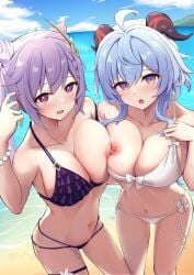 2girls ahoge alternate_costume bangs bare_arms bare_shoulders beach bead_bracelet beads bikini bikini_pull blue_hair blue_sky blush bow bracelet braid breast_press breasts breasts_out cleavage clothes_pull collarbone cone_hair_bun cowboy_shot day double_bun female frilled_bikini frills front-tie_top ganyu_(genshin_impact) genshin_impact goat_horns hair_bun hair_ears hair_ornament hairpin hand_up highres horns jewelry keqing_(genshin_impact) lank_(lankdesu) large_breasts long_hair looking_at_viewer multi-strapped_bikini multiple_girls navel nipples nose_blush open_mouth outdoors purple_bikini purple_eyes purple_hair sidelocks sky smile sparkle standing stomach strap_slip swimsuit symmetrical_docking thigh_strap wet white_bikini white_bow