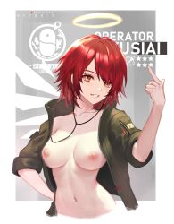 1girls arknights azto_dio bangs belly belly_button breasts collarbone earphones exposed_breasts exposed_nipples exusiai_(arknights) female female_only functionally_nude functionally_nude_female green_jacket halo hand_up happy happy_female jacket medium_breasts midriff navel nipples no_bra nude nude_female open_jacket red_eyes red_hair short_hair smile smiling solo solo_female stomach teeth teeth_clenched teeth_showing