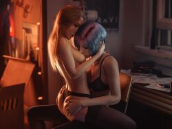 2girls 3d ass bedroom blonde_female blonde_hair blue_hair bra breast_sucking breasts canon_couple chloe's_bedroom chloe_price closed_eyes dyed_hair ecksoh facing_another female female_on_top female_only hands_on_ass hi_res indoors lesbian life_is_strange long_hair panties passionate rachel_amber romantic short_hair sitting_on_lap softcore stockings straddling topless underwear yuri