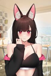 1girls animal_ear_fluff animal_ears bad_id bad_twitter_id bare_shoulders bat_ears black_hair black_jacket black_sports_bra closed_mouth collarbone crop_top female hand_up highres jacket light-skinned_female light_skin long_hair looking_at_viewer midriff non-web_source off_shoulder open_clothes open_jacket original red_eyes smile solo somyo_(s0my0) spaghetti_strap sports_bra upper_body