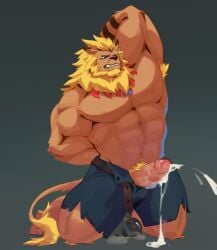 bandai_namco blonde_hair bodily_fluids bottomwear clothed clothing cum digimon digimon_(species) erection genital_fluids genitals hair hi_res leomon male male_only mane muscular nipples open_bottomwear open_clothing open_pants pants penis q1124025703 solo topless