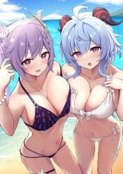 2girls :o ahoge alternate_costume areola_slip bangs bare_arms bare_shoulders beach bead_bracelet beads bikini bikini_pull blue_hair blue_sky blush bow bracelet braid breast_press breasts cleavage clothes_pull collarbone cone_hair_bun cowboy_shot day double_bun frilled_bikini frills front-tie_top ganyu_(genshin_impact) genshin_impact goat_horns hair_bun hair_ears hair_ornament hairpin hand_up highres horns jewelry keqing_(genshin_impact) lank_(lankdesu) large_breasts long_hair looking_at_viewer multi-strapped_bikini multiple_girls navel nose_blush open_mouth outdoors purple_bikini purple_eyes purple_hair sidelocks sky sparkle standing stomach swimsuit symmetrical_docking thigh_strap wet white_bikini white_bow