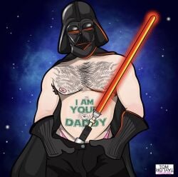 1boy anakin_skywalker background black_clothing body_writing cape dad_bod darth_vader english_text front_view gloves hairy hairy_armpits hairy_chest hairy_male hand_in_pocket hands_in_pockets headgear helmet human human_only laser lightsaber lightsaber_dick male male_only masked melee_weapon muscles muscular muscular_male pants pink_underwear pose red_lightsaber science_fiction shirtless_male signature simple_background space standing star star_wars sword tattoo teasing tom_taylor_illustrated topless topless_male underwear weapon