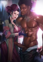 1boy 1girls clothed_female_nude_male cowboy_bebop dark-skinned_male dark_skin erection faye_valentine huge_cock interracial karasuh muscular_male pale-skinned_female penis penis_grab veiny_penis