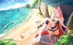 1girls absurdres animal_ear animal_ears arknights ascot ass bare_shoulders beach beach_chair beach_umbrella big_ass big_breasts big_butt bikini bikini_top black_bra bra braid breasts butt censored cleavage crab crossed_legs curvaceous curvy dat_ass day drink drinking_straw female female_only food fruit full_body hair_intakes hair_ornament hand_up heavenly_ass high-waist_skirt highres huge_ass huge_breasts huge_butt jndfh large_breasts legs lemon lemon_slice light-skinned_female light_skin long_hair looking_at_viewer mosaic_censoring no_panties outdoors paid_reward_available palm_tree pink_eyes pink_hair pozyomka_(arknights) reclining red_skirt sand side_braid skirt solo solo_female sunlight thick_ass thick_legs thick_thighs thighs tree umbrella underwear voluptuous water waves white_ascot wolf_ears wolf_girl