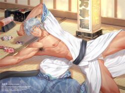 alternate_version_available armpit_hair body_hair bulge detailed_background fundoshi gintama gintoki_sakata indoors kaworu kimono lantern male male_only muscular muscular_male off_shoulder on_back open_kimono shouji silver_hair solo spread_legs tatami