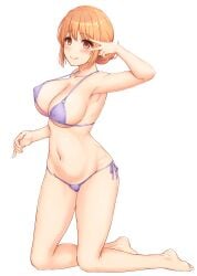 1girls armpits bikini blush breasts brown_hair cleavage highres huge_breasts inanaki_shiki kneeling my_teen_romantic_comedy_snafu navel orange_eyes short_hair simple_background solo swimsuit white_background yuigahama_yui's_mother