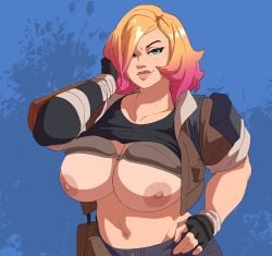 1girls big_breasts blonde_hair blue_eyes coolerinker curvy epic_games female fortnite fortnite:_save_the_world hair_over_one_eye hand_on_head hand_on_hip hi_res inker_comics inkershike multicolored_hair nipples penny_(fortnite) pink_hair pink_nipples simple_background smile topwear white_skin