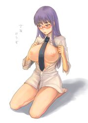 1girls alternate_costume alternate_version_available big_breasts blouse blush bottomless breasts_out female female_only flashing flashing_breasts full_body gintama glasses kazuki_kisuke long_hair looking_away mole_under_eye necktie necktie_between_breasts no_bra open_shirt parted_lips presenting presenting_breasts purple_hair red-framed_glasses sarutobi_ayame seiza shy sitting solo unbuttoned_shirt white_background