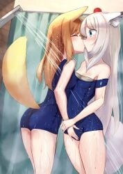 2girls 5_fingers absurdres akinakesu-chan animal_ear_fluff animal_ears bangs bare_shoulders blonde_female blonde_hair blue_eyes blue_swimsuit blush breasts closed_eyes clothes_pull commentary_request female fox_ears fox_girl fox_tail grey_hair hair_between_eyes highres indoors kissing long_hair multiple_girls old_school_swimsuit original png romaji_commentary school_swimsuit shower_(place) shower_curtain shower_head showering small_breasts swimsuit swimsuit_pull tail tears very_long_hair water yuri