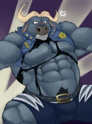 anthro chief_bogo clothing male male_only muscular muscular_male pubic_hair shorts thedragonred12 torn_clothes zootopia