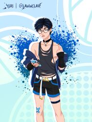 blue gay glasses gloves lawwclair male male_only middle_finger piercing solo transparent_clothing